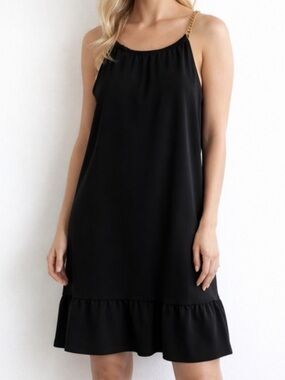 Nicole Miller Black Mini Dress with Gold Chain Straps - Shift Dress